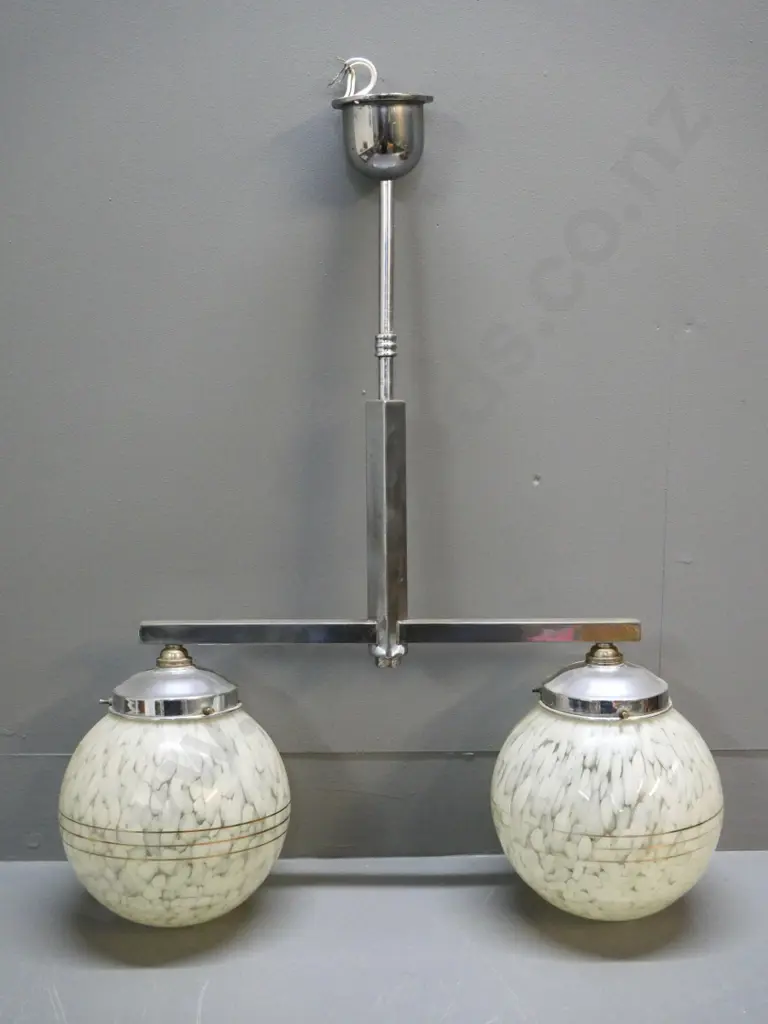 deco chrome ceiling light fitting with 2 mottled glass globe shades H-700 W-560 Shades D-200 Image 1++
