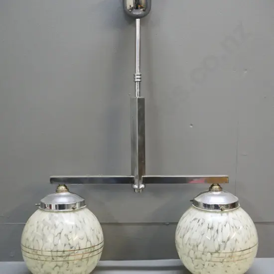 deco chrome ceiling light fitting with 2 mottled glass globe shades H-700 W-560 Shades D-200