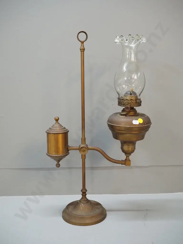 vintage brass adjustable height kerosene table lamp with clear frilled glass chimney H550 W320 Image 1++