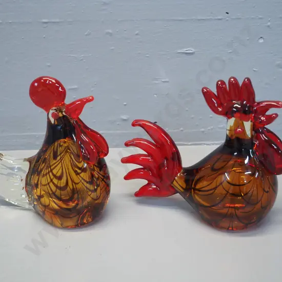 art glass rooster and hen with New Zealand Collection labels - each H-150