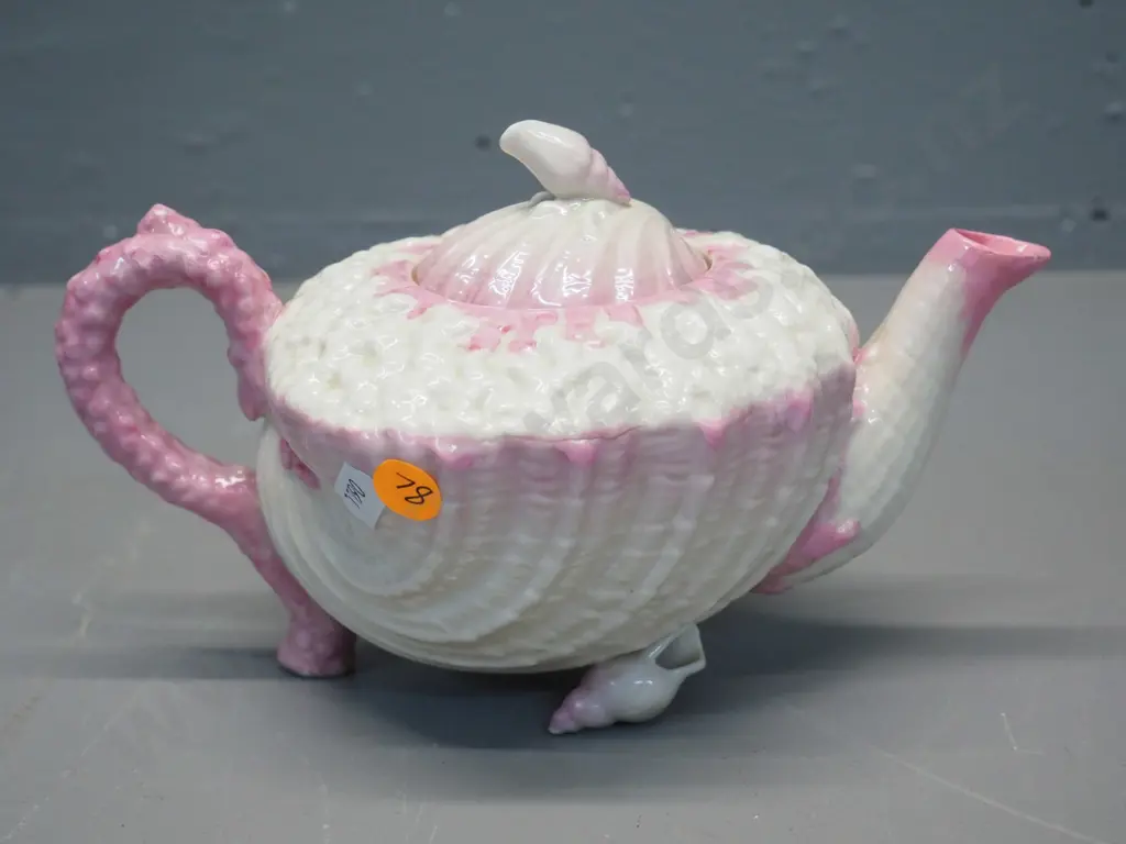 black mark Belleek pink shell teapot - small faults / may have had repair H120 L-200 Image 1++