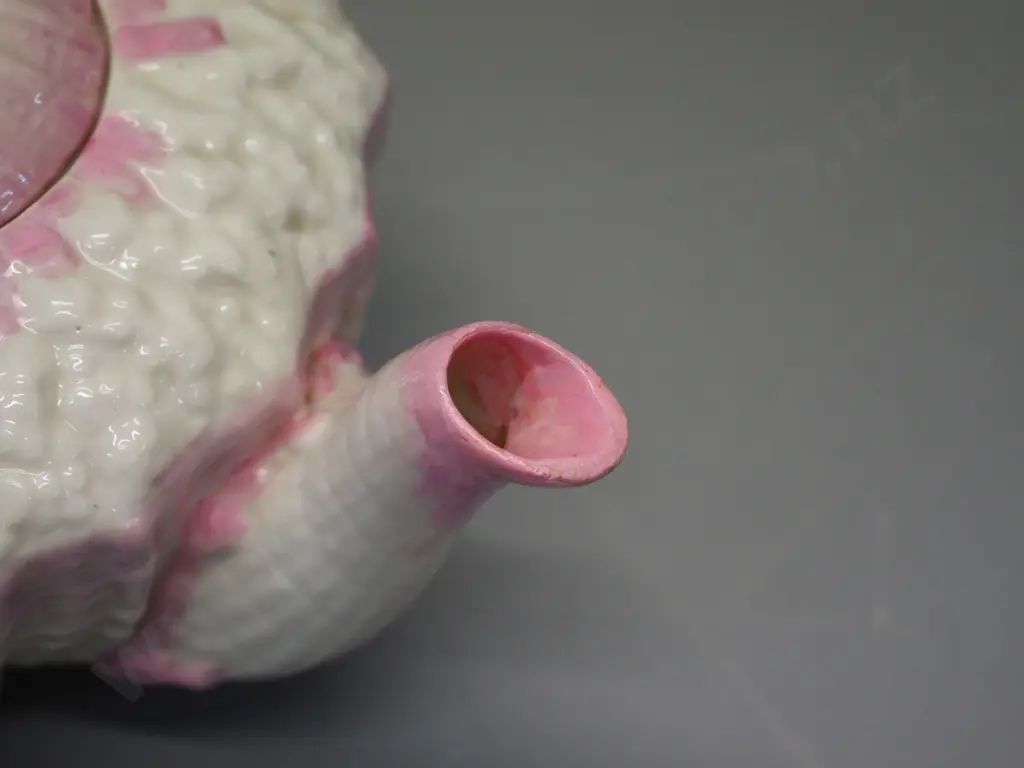 black mark Belleek pink shell teapot - small faults / may have had repair H120 L-200 Image 1++