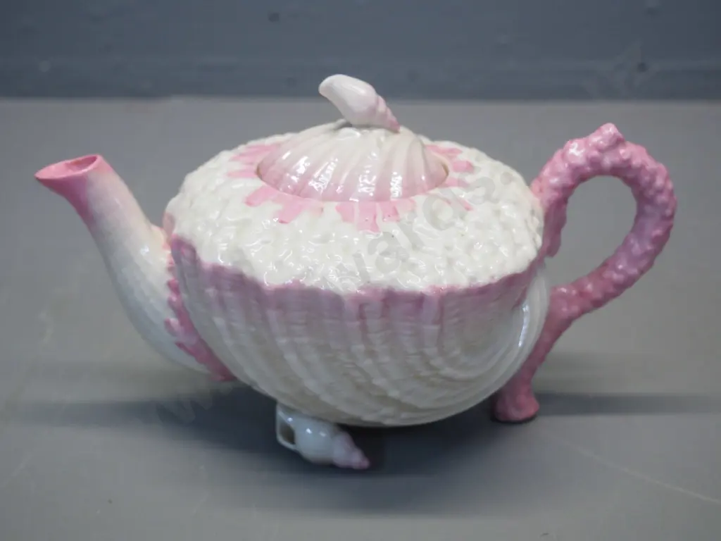 black mark Belleek pink shell teapot - small faults / may have had repair H120 L-200 Image 1++