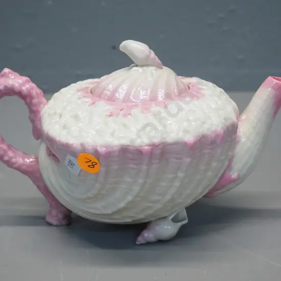 black mark Belleek pink shell teapot - small faults / may have had repair H120 L-200