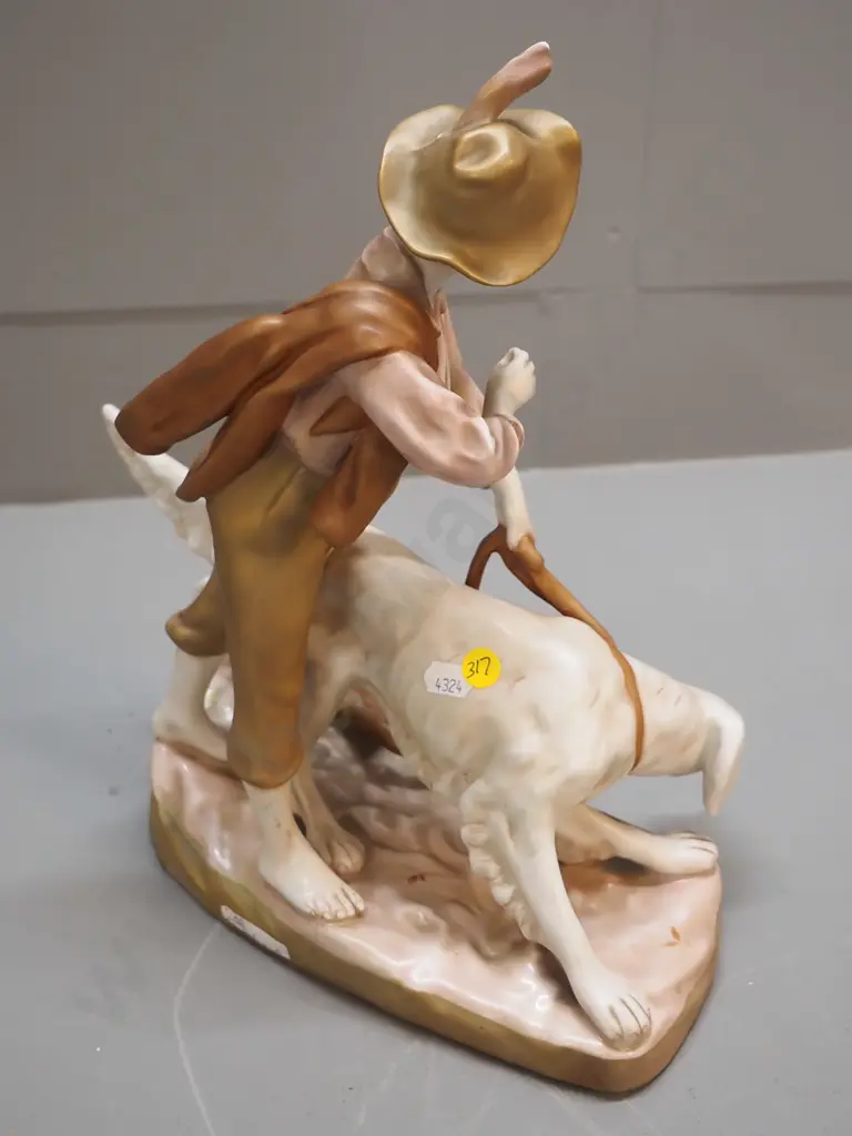 vintage Royal Dux figure -boy with dog, would have been holding something in hand - H340 L270 Image 1++