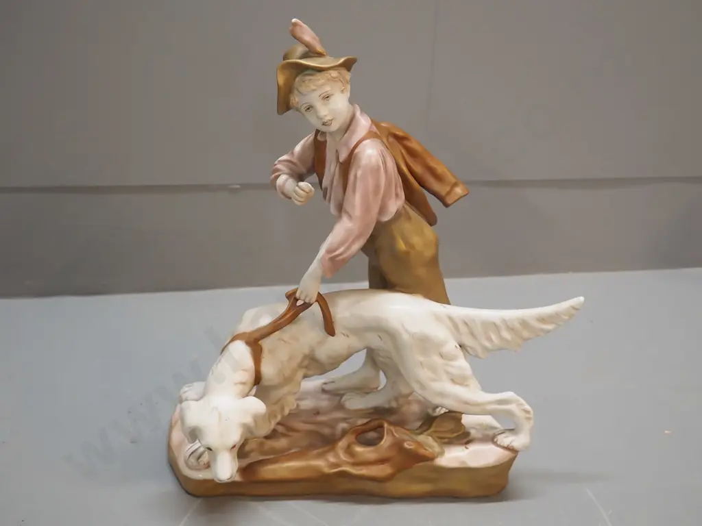 vintage Royal Dux figure -boy with dog, would have been holding something in hand - H340 L270 Image 1++