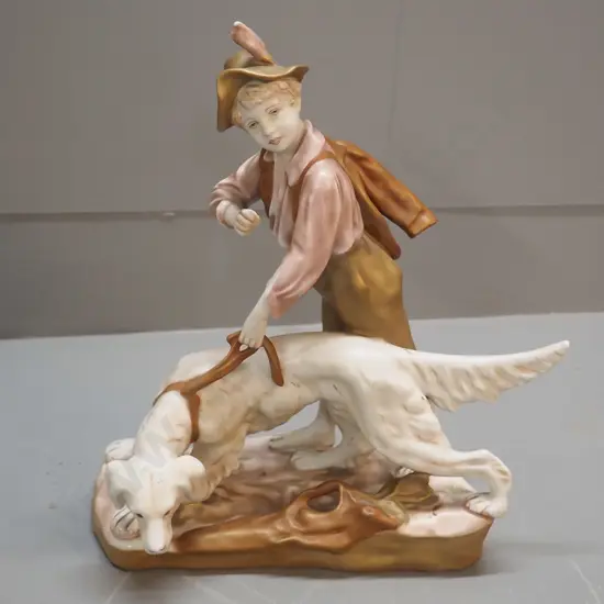 vintage Royal Dux figure -boy with dog, would have been holding something in hand - H340 L270