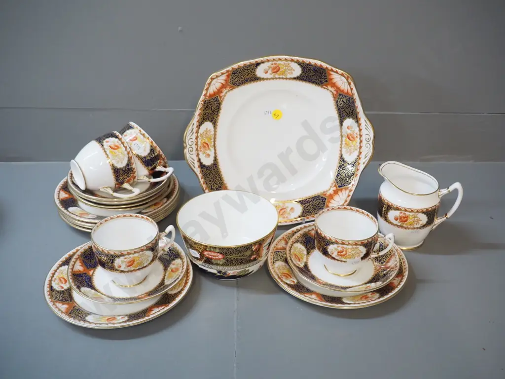 Imari pattern tea ware - Royal Albert set, only 4 cups, w/spare saucers & plates, with Royal Crown Derby sugar bowl Image 1++