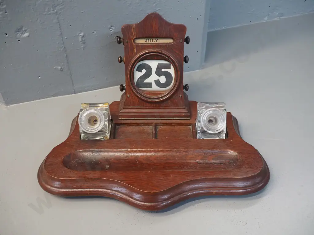 vintage oak desk stand with calendar, 2 glass inkwells with funnel stoppers H-250 W-400 D-240 Image 1++
