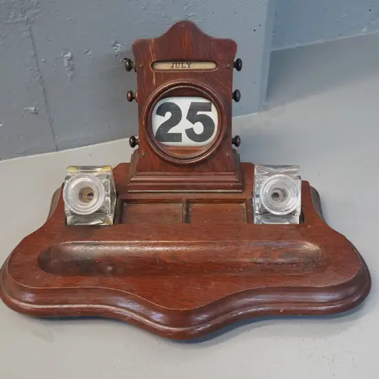 vintage oak desk stand with calendar, 2 glass inkwells with funnel stoppers H-250 W-400 D-240