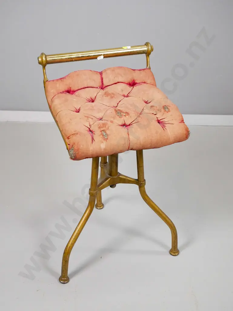 vintage brass and gilt finish metal adjustable office stool wear to deep button fabric, height adjuster faulty H600 Image 1++