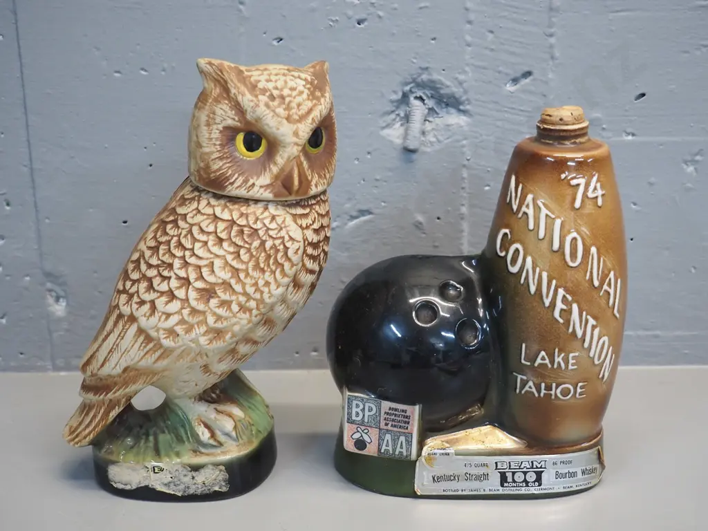 2 Jim Beam decanters: owl w/some contents H-240 & 1974 Lake Tahoe Bowling convention - missing stopper top Image 1++
