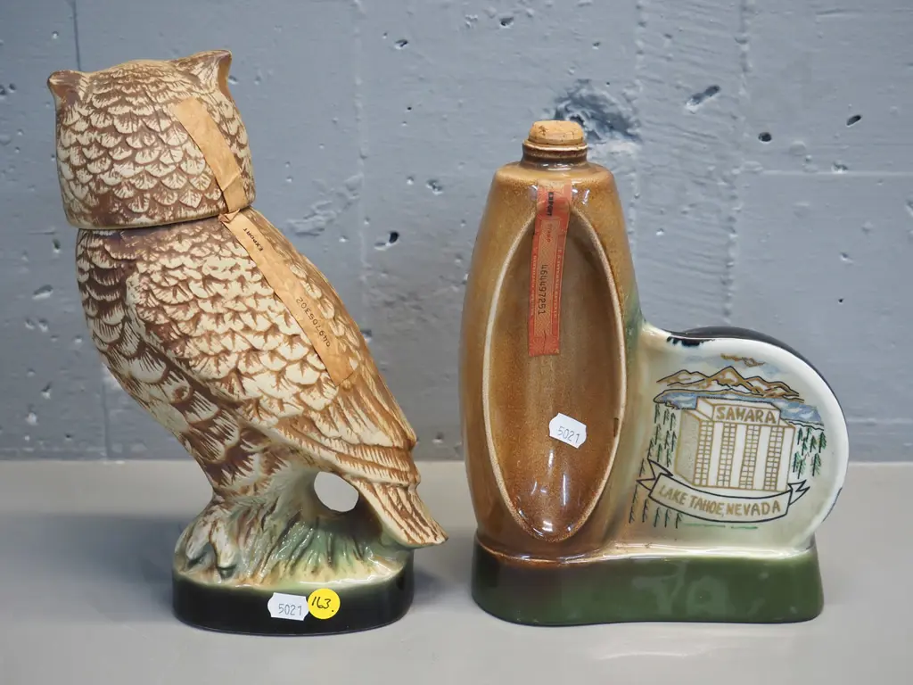 2 Jim Beam decanters: owl w/some contents H-240 & 1974 Lake Tahoe Bowling convention - missing stopper top Image 1++