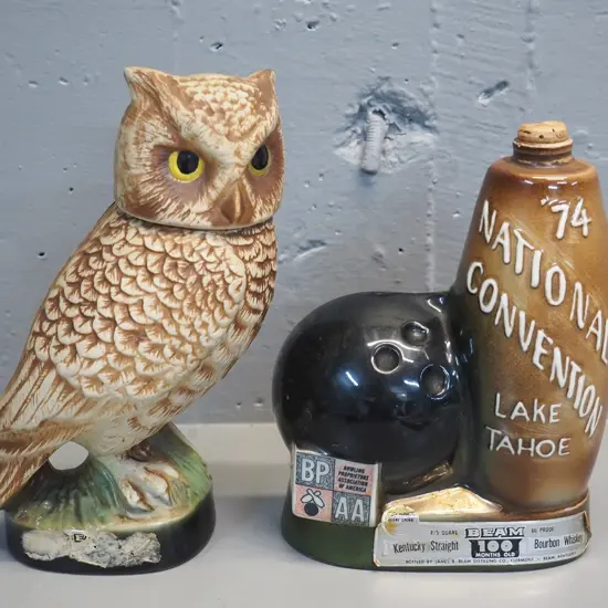 2 Jim Beam decanters: owl w/some contents H-240 & 1974 Lake Tahoe Bowling convention - missing stopper top