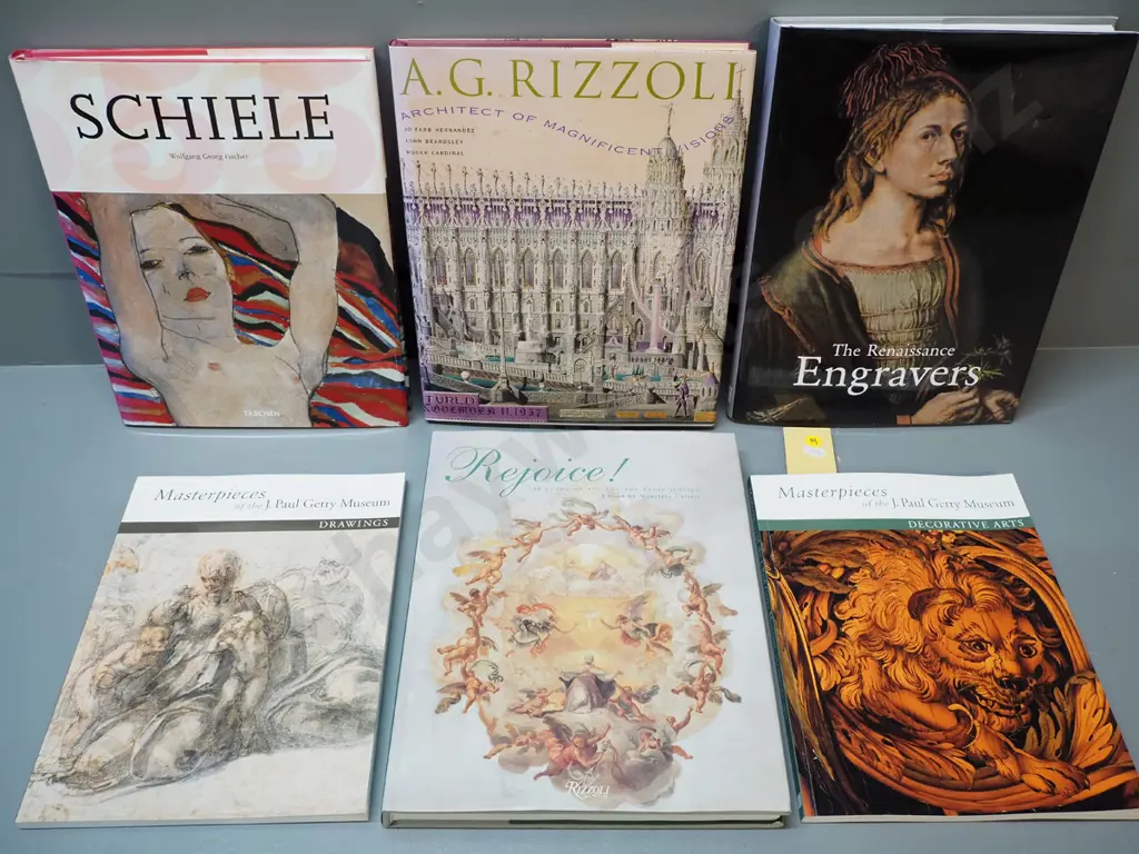 6 books: Getty Museum drawing & decorative arts, Renaissance Engravers, Egon Schiele, outsider artist A.G. Rizzoli, etc. Image 1++