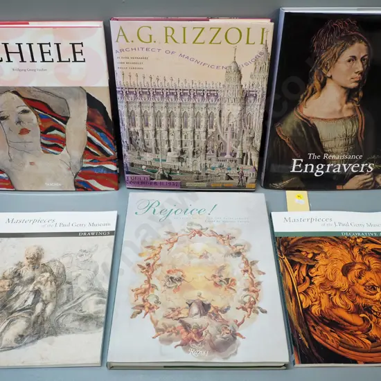 6 books: Getty Museum drawing & decorative arts, Renaissance Engravers, Egon Schiele, outsider artist A.G. Rizzoli, etc.