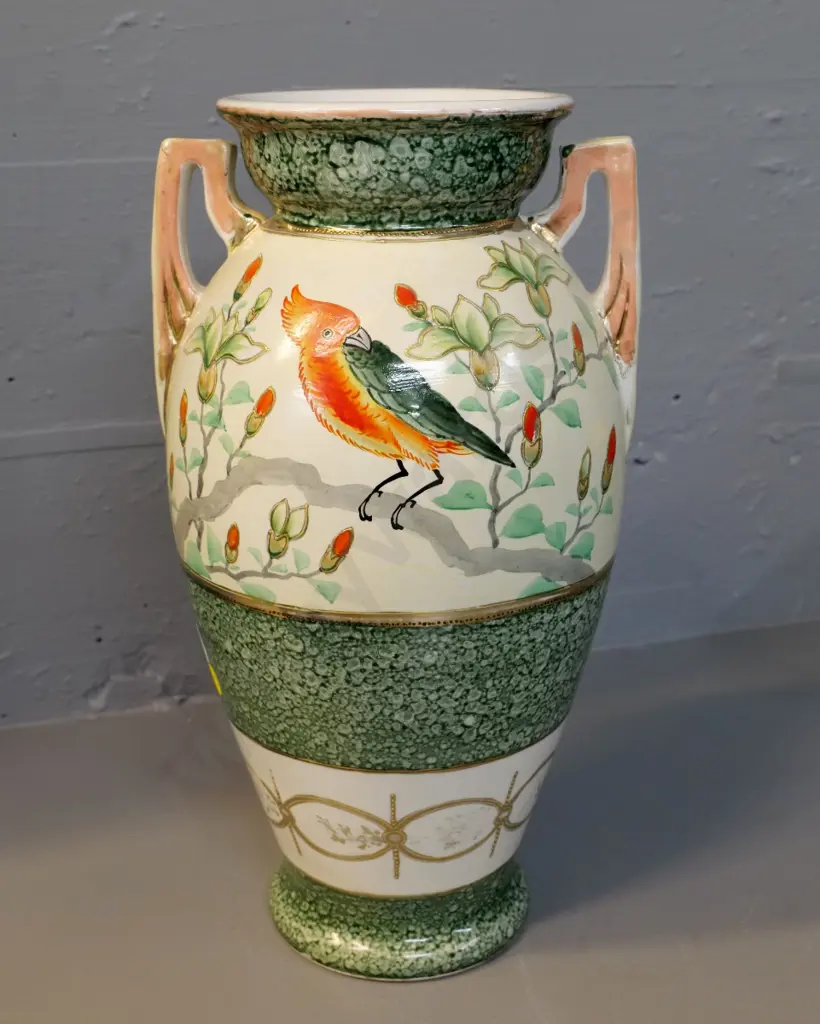 asian double handled bird & floral motif porcelain vase H360 Image 1++