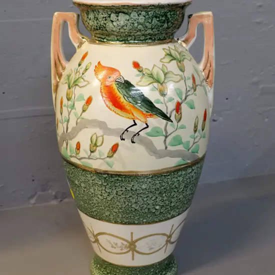 asian double handled bird & floral motif porcelain vase H360