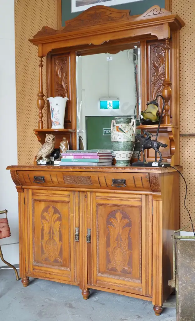 vintage kauri mirror back sideboard, 2 doors, 1 drawer, drop handles, key - borer, some damage H2160 W1200 D530 Image 1++