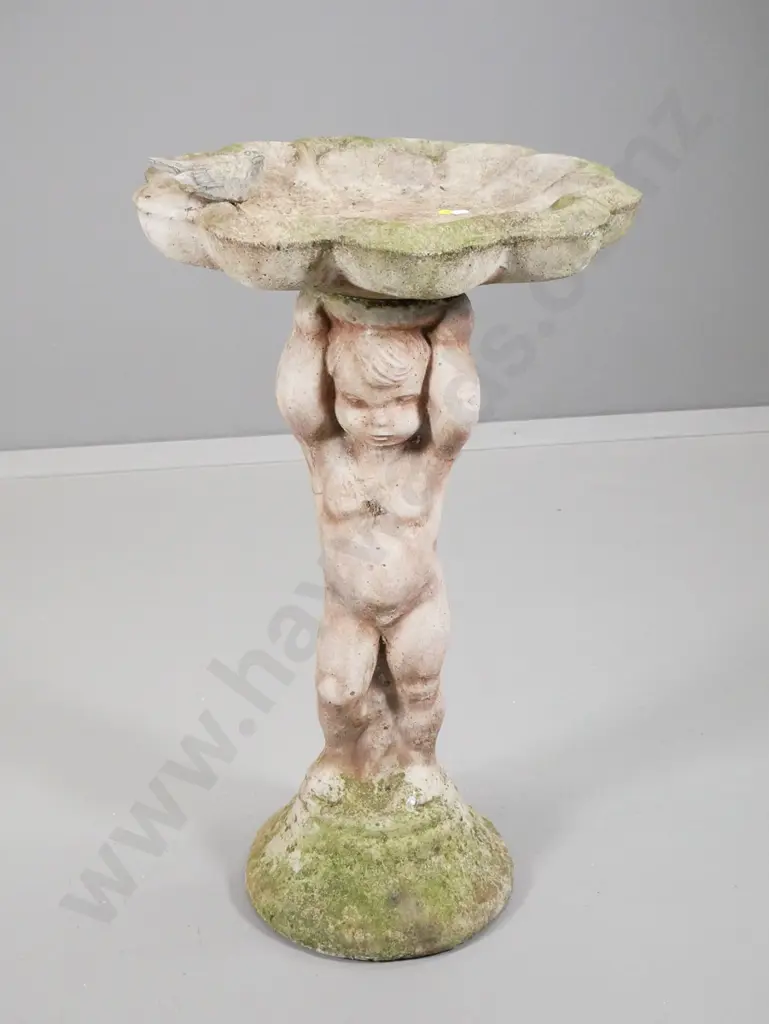 cast concrete bird bath with classical figural base, loose bird figure, moss and aging H780 D-480 Image 1++