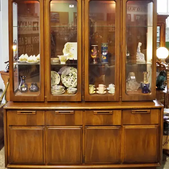 mid-century large display cabinet with sideboard base, illuminated top, adjustable glass shelves H1190 W1730 D480