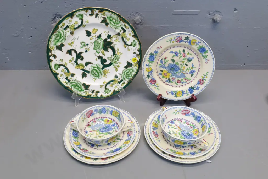 Masons Chartreuse plate and Mason Regency items - 2 soup coupes w/saucers, and 3 side plates Image 1++