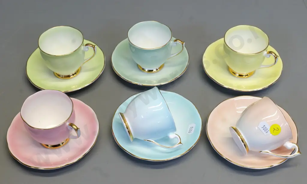 set of 6 Queen Ann pastel colour coffee cups & saucers Image 1++