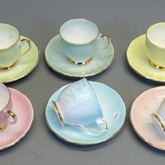 set of 6 Queen Ann pastel colour coffee cups & saucers