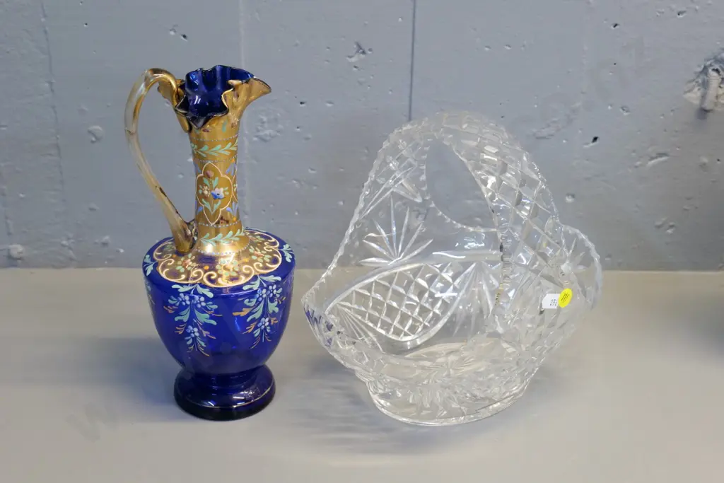 cut crystal basket and a Venetian style blue glass jug H-260 Image 1++