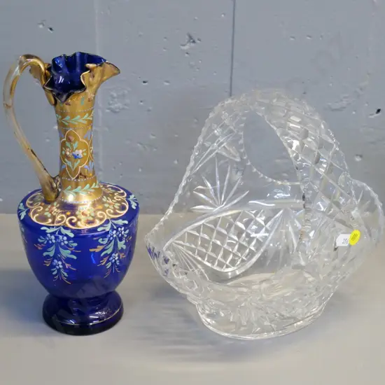 cut crystal basket and a Venetian style blue glass jug H-260