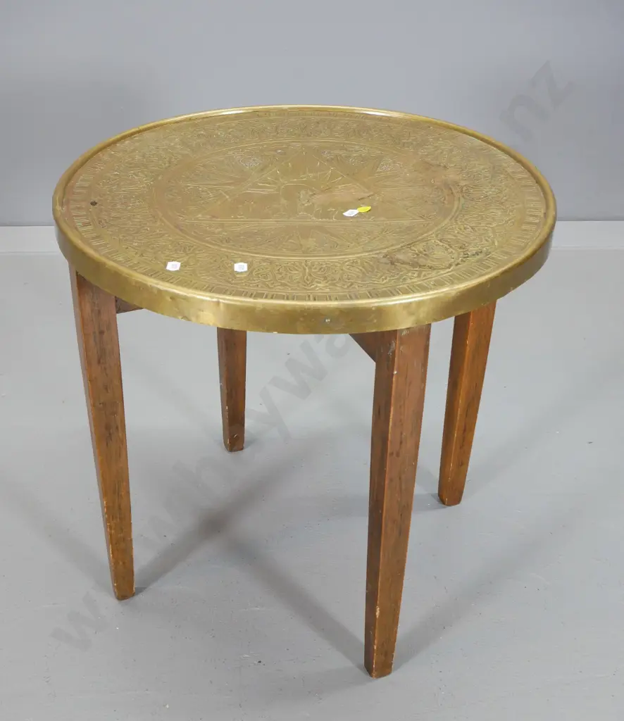 round pressed brass and timber elephant motif side table H-490 D-500 Image 1++