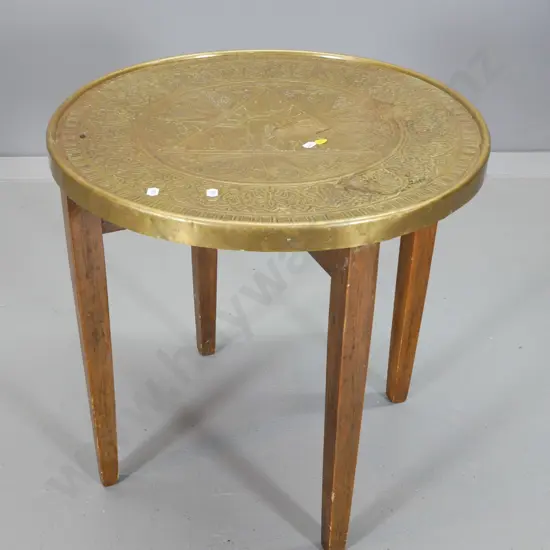 round pressed brass and timber elephant motif side table H-490 D-500