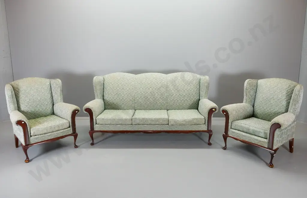 3-piece traditional style wing-back lounge suite - 3 seater & 2 chairs, brocade fabric. Settee H950  W1860 D650 Image 1++
