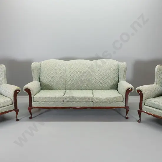 3-piece traditional style wing-back lounge suite - 3 seater & 2 chairs, brocade fabric. Settee H950  W1860 D650