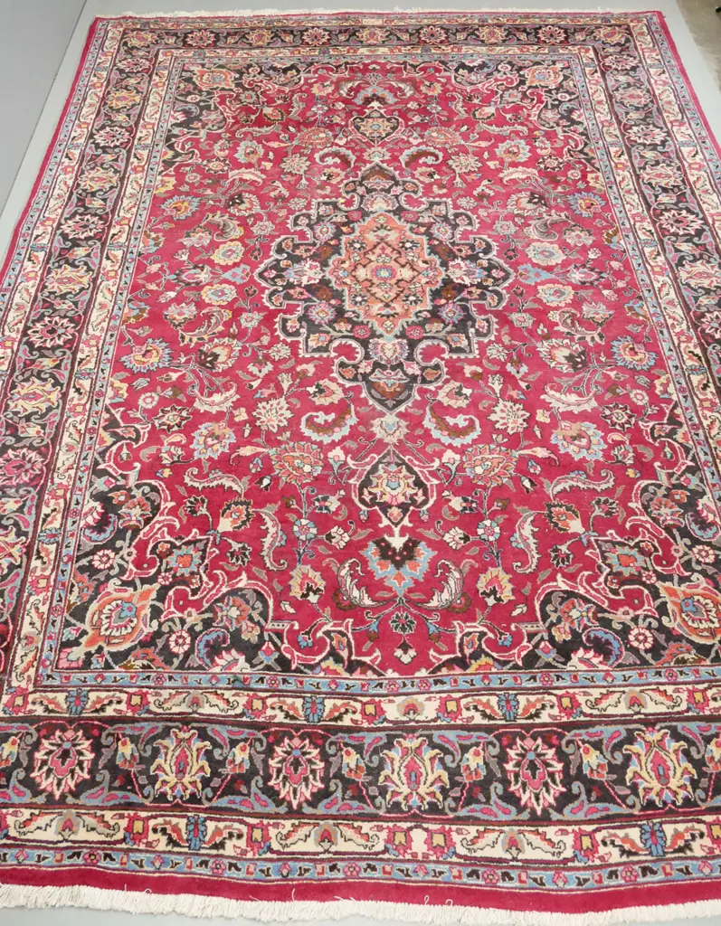 large Iranian hand-knotted wool floor rug  - reds, blue, black and cream L-2700 W2500 (slight wear) Image 1++