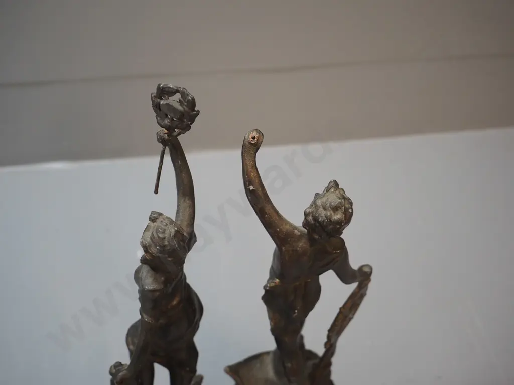 pair of spelter figures - both have slight splits to wooden bases - Le Commerce & L'Industrie H-320 Image 1++