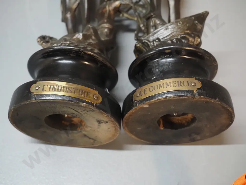 pair of spelter figures - both have slight splits to wooden bases - Le Commerce & L'Industrie H-320 Image 1++