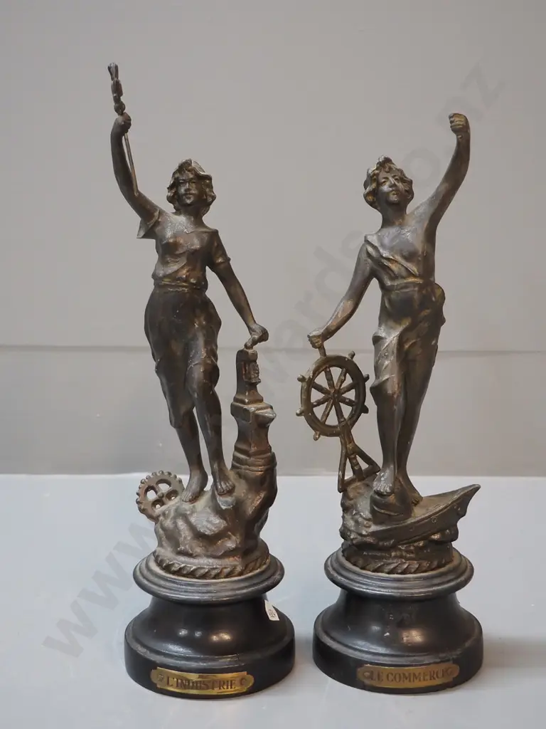 pair of spelter figures - both have slight splits to wooden bases - Le Commerce & L'Industrie H-320 Image 1++