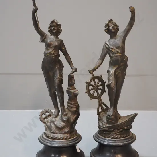 pair of spelter figures - both have slight splits to wooden bases - Le Commerce & L'Industrie H-320