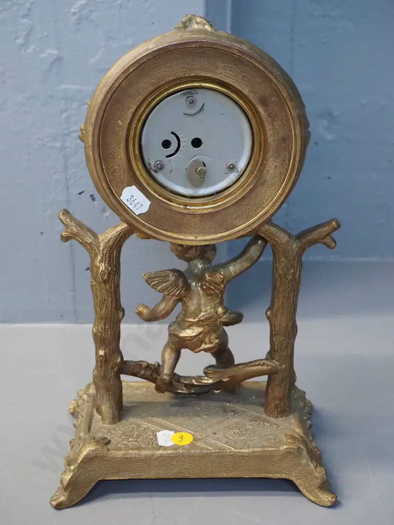 ornate cherub motif cast metal gilt finish mantel clock - Mercedes movement H-300 W-170 D-120 Image 1++
