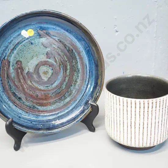 studio pottery dish with Dunedin mark, first name Beryl, D-270 - and small German pottery jardiniere