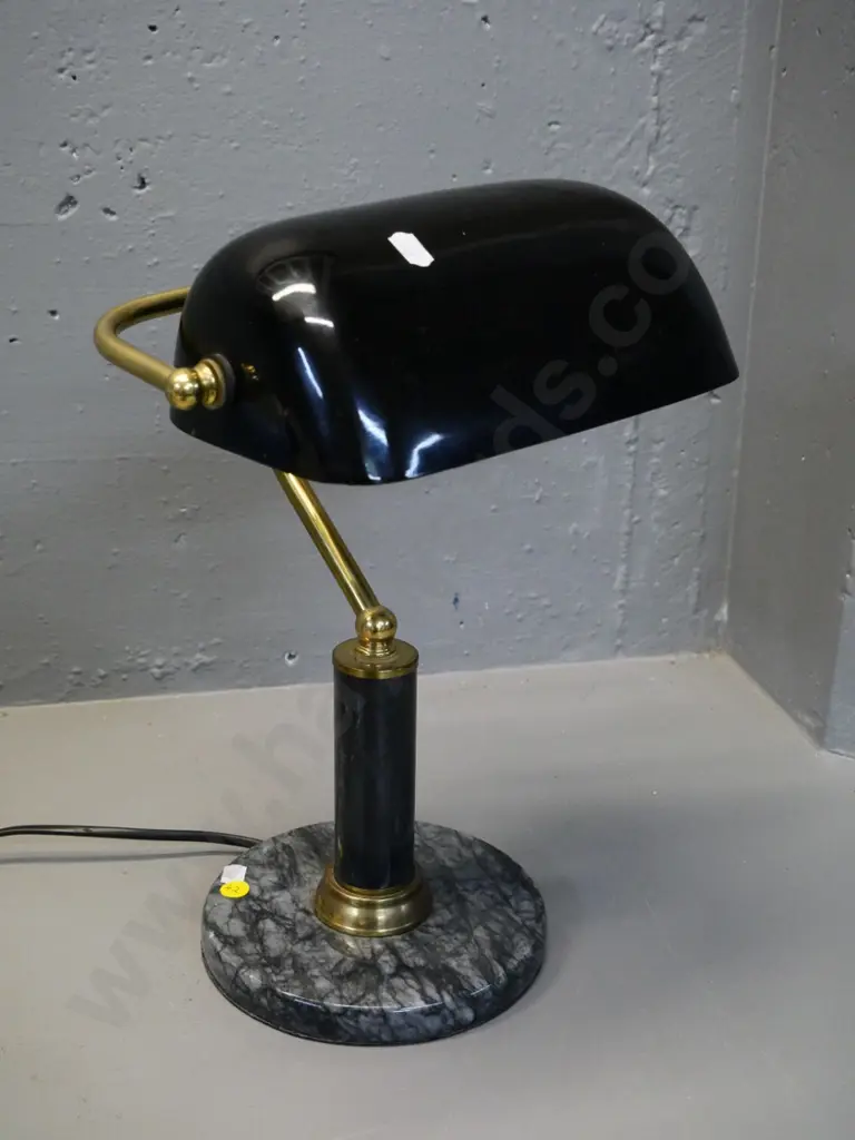 brass and marble banker's lamp with black glass shade H-360 W-260 Image 1++