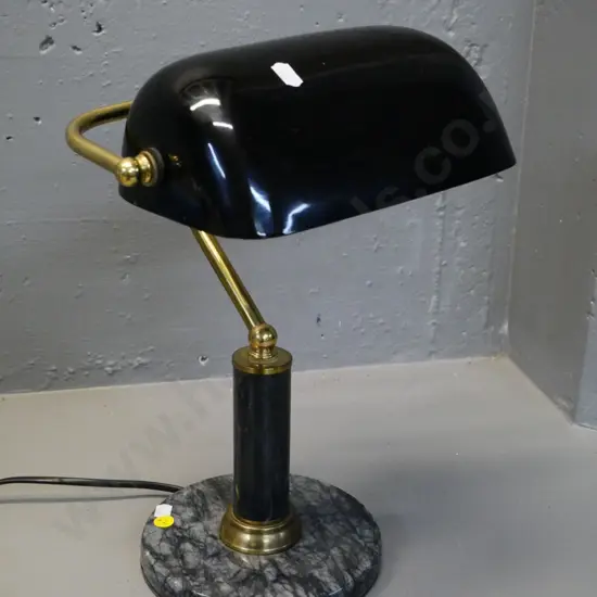 brass and marble banker's lamp with black glass shade H-360 W-260