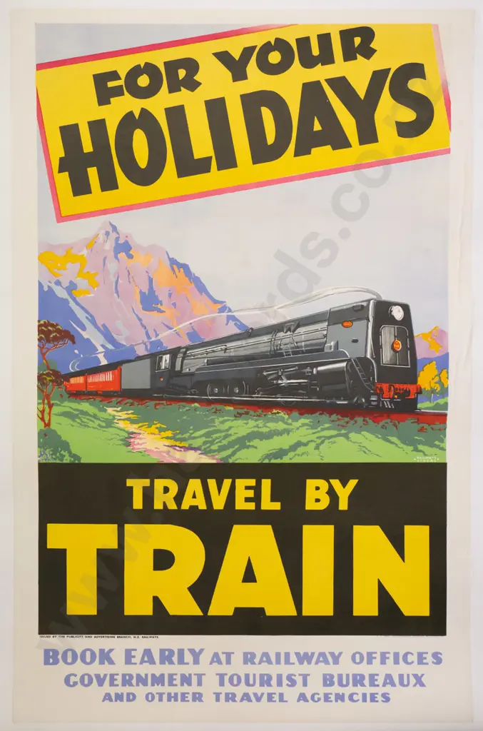vintage Travel by Train tourism promotional poster (mounted on card) H-880 W-560 Image 1++