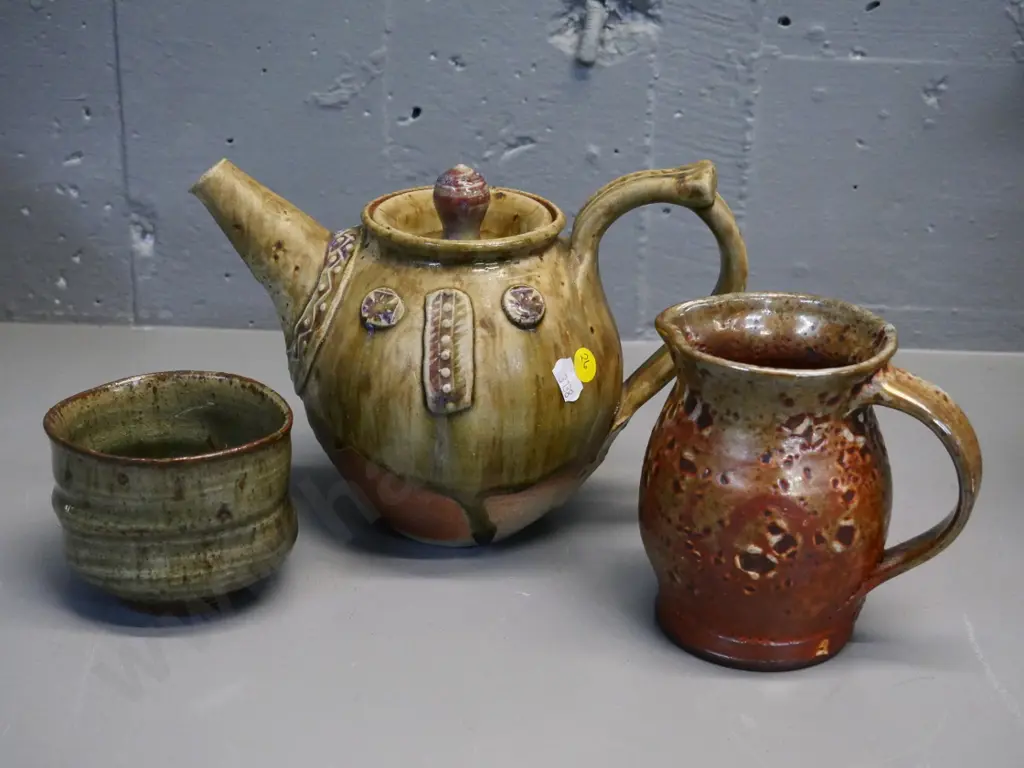 3 studio pottery items, all with maker's marks - teapot H-170 W-240, jug and small bowl Image 1++