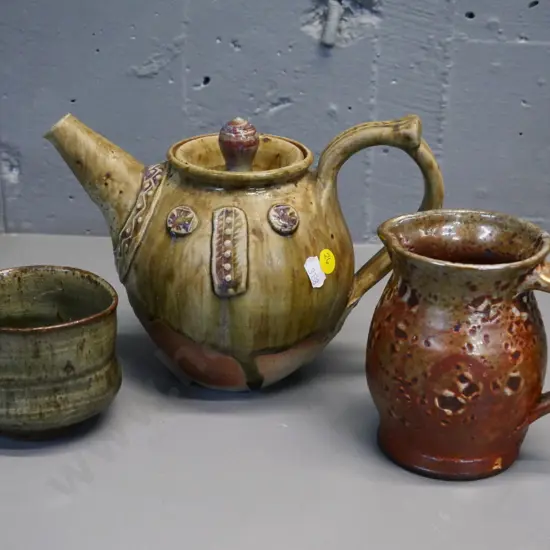 3 studio pottery items, all with maker's marks - teapot H-170 W-240, jug and small bowl