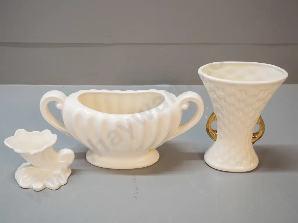 3 cream-glaze vases - Sylvac handled flower trough H140 W280, small English nautilus, gilt handled fan shaped Image 1++