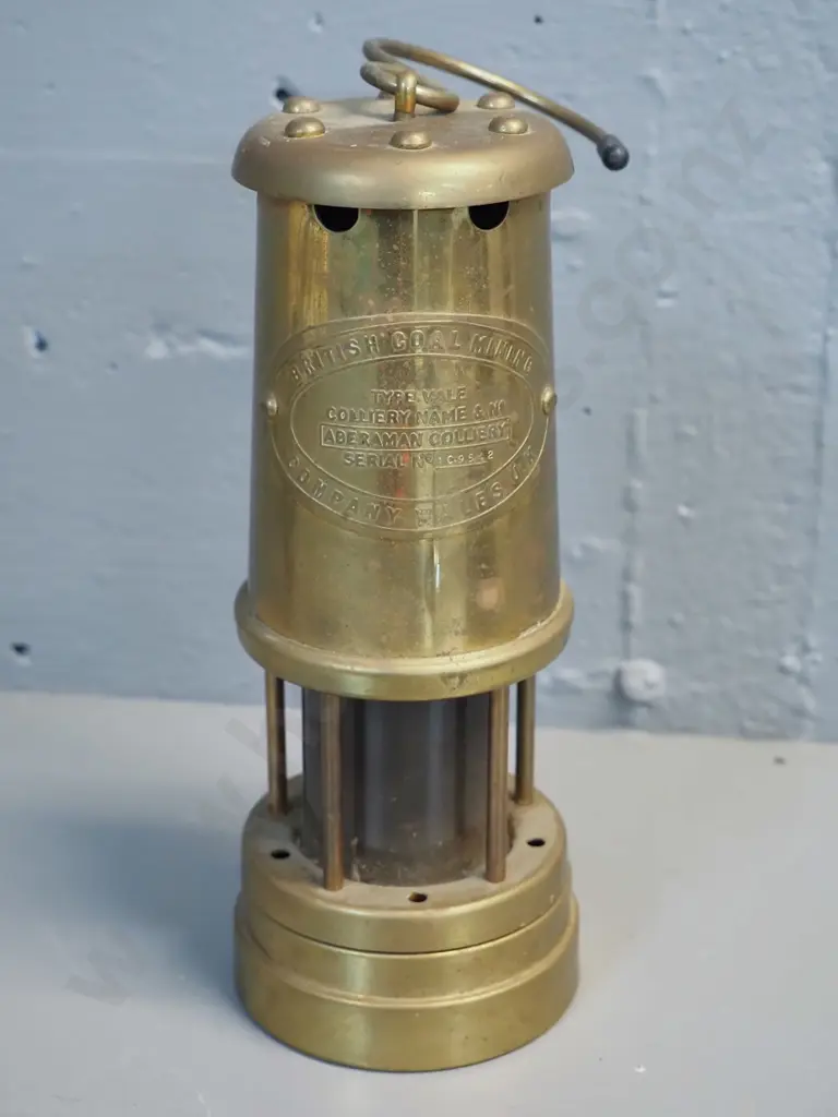 reproduction Welsh brass miner's lamp - marked British Coal Mining Co. Wales H-220 D-90 Image 1++