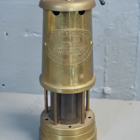 reproduction Welsh brass miner's lamp - marked British Coal Mining Co. Wales H-220 D-90