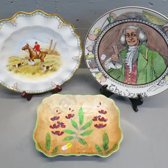Royal Doulton leaves & flowers dish and Squire plate D260, and a Royal Crown Derby hunting plate